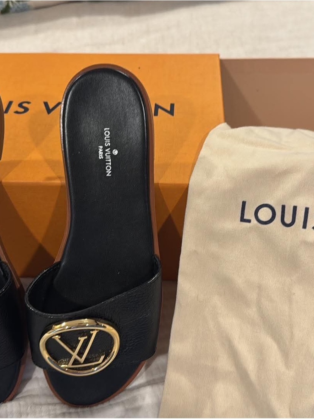 Louis Vuitton Black Leather Slide Sandals with Gold LV Medallion